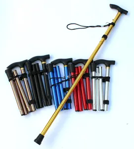 Folding aluminum trekking poles in various colors showing extended and folded states.