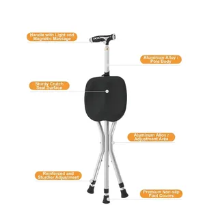 Bastón Silla Plegable Ajustable de Aleación de Aluminio Con Luz LED Bastón Portátil de 3 Patas Para Ancianos Ayuda Para Caminar Descanso Al Aire Libre