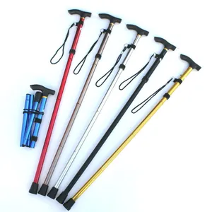Five-section foldable aluminum trekking poles in multiple colors with T-shaped handles