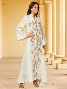 Elegant white kaftan maxi dress with gold beaded sequin applique for formal events
