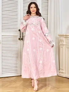 Elegant pink maxi dress with delicate white floral embroidery and lace details for women