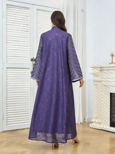 Detailed back view of purple mesh long sleeve dress with sequin beaded embroidery patterns