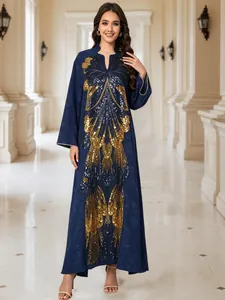 Elegant navy blue long dress featuring heavy gold sequin butterfly embroidery detail