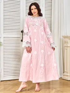 Full view of elegant pink long dress with white floral embroidery and lace
