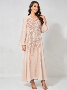 Detailed view of elegant sequin beaded ethnic maxi dress with long sleeves in pink beige