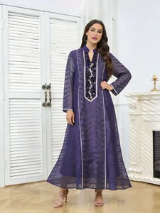 Full view of elegant purple ethnic dress featuring intricate mesh sequin and bead embroidery