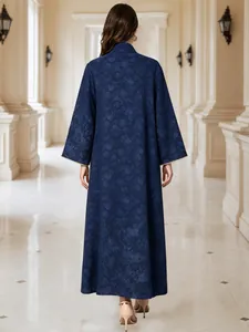 Elegant navy blue floral embroidered maxi dress shown from the back for party wear.