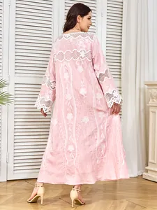 Elegant pink embroidered maxi dress with lace details for party and evening wear.