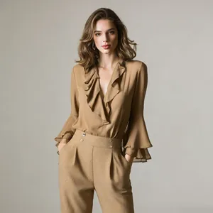 Elegante blusa marrón con volantes, escote en V, mangas acampanadas y pantalón a juego