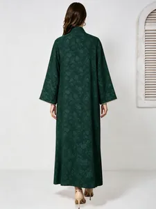 Elegant dark green floral jacquard long dress back view with flared sleeves