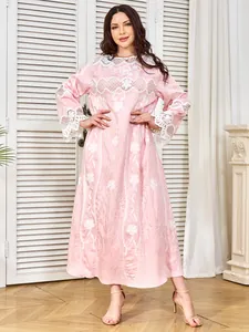 Elegant Pink Polyester Floral Embroidery Maxi Dress Rhinestone Lace Patchwork Long Sleeve Evening Gown For Banquet Women Dress