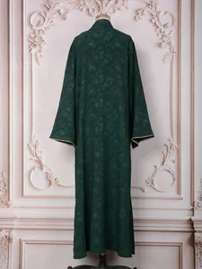 Elegant dark green floral jacquard long robe with intricate gold trim on the cuffs