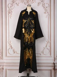 Elegant black evening dress with heavy gold and black sequin butterfly embroidery