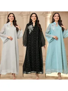 Robe Maxi Élégante pour Femmes Abaya avec Strass et Perles Col en V Manches Longues Polyester Style Ethnique Soirée