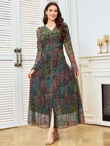 Elegant V-neck pleated maxi dress with sparkling rhinestones and colorful floral pattern.