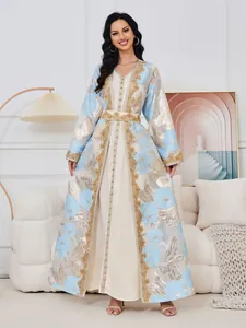Elegant Kaftan Abaya Women Maxi Dress Luxury Beading Embroidery Floral Jacquard Evening Party Dress With Belt Long Sleeve