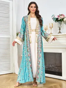 Full view of an elegant turquoise kaftan robe with heavy gold sequin embroidery details