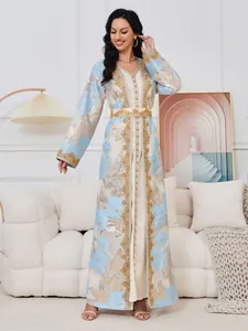 Elegant light blue and gold beaded kaftan evening dress for formal party events
