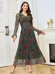 Elegant long sleeve pleated evening dress with colorful floral print and buttons.
