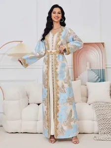 Elegant light blue and gold embroidered long dress with beaded detailing and belt