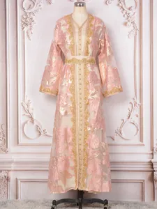 Elegant pink and gold long party dress with heavy floral embroidery and beadwork detail