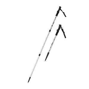 Pair of adjustable aluminum trekking poles shown in extended and collapsed states