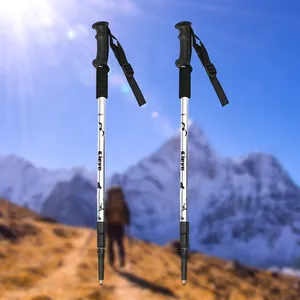 Set of two aluminum alloy trekking poles with ergonomic grips against a mountain backdrop