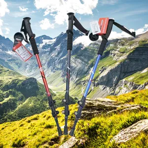 Tres bastones de senderismo telescópicos de aluminio frente a un paisaje montañoso.