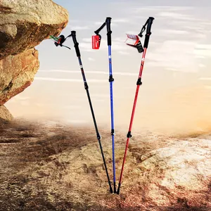 Set de tres bastones de senderismo de aleación de aluminio en negro, azul y rojo para montaña