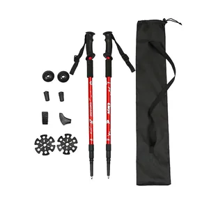 Professional set of 2 red aluminum alloy trekking poles with mud baskets and storage bag