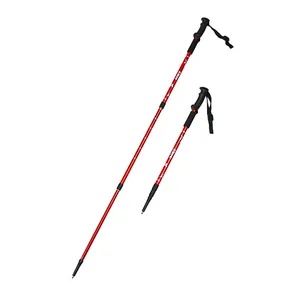 Professional pair of red telescopic aluminum trekking poles for hiking and outdoor climbing