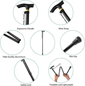 Foldable 5-section aluminium walking cane with ergonomic handle and non-slip tip feature collage