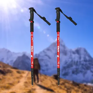 Set of two red aluminum trekking poles for outdoor hiking against mountain peaks