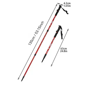 Detail view of red aluminum trekking pole showing length dimensions from 63cm to 135cm.