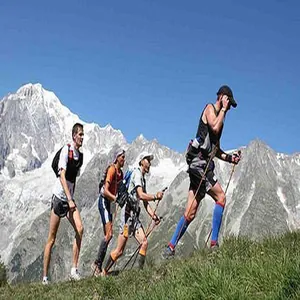 Senderistas usan bastones de trekking de aluminio de 4 secciones en un sendero de montaña