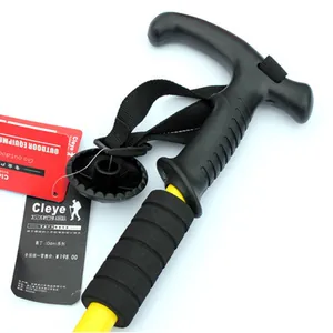 Professional Cleye trekking pole featuring ergonomic black T-handle and yellow shaft.