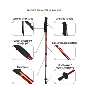 Red aluminum alloy 3-section shock-absorbing trekking pole with detailed features list