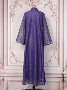 Back view of an elegant purple lace maxi dress featuring intricate sequin embroidery detail