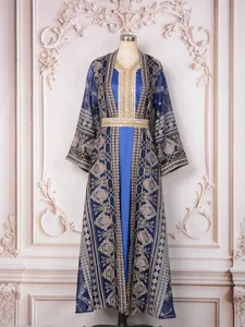Detailed view of elegant blue two-piece robe with gold floral embroidery and sequins.