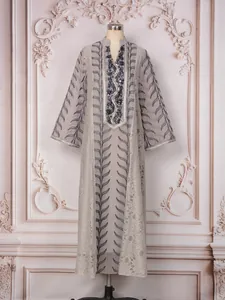 Detailed front view of ethnic mesh kaftan dress with sequin bead embroidery and lace
