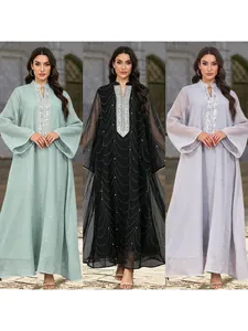 Robe Maxi Abaya Élégante en Maille de Polyester pour Femmes Kaftan Turc Avec Motif de Vagues en Strass Perlé Robe de Soirée