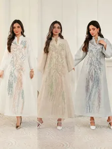 Vestido Largo Elegante para Mujer Cuello en V Poliéster Abalorios Pesados Patchwork de Lentejuelas Abaya Kaftan Estilo Malasio Maxi Vestido