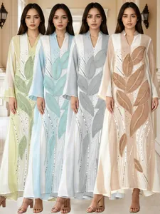 Abito Lungo Etnico Donna Fiori Perline Paillettes Elegante Ampio Caftano Abaya Abito da Festa Patchwork Poliestere a Righe