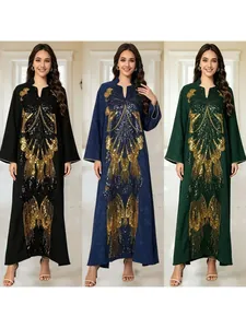 Women Elegant Butterfly Embroidery Sequin Maxi Dress Heavy Work V Neck Long Sleeve Party Evening Gown Long Dress