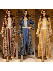 Elegant Embroidered Maxi Dress Top And Bottom For Women Muslim Kaftan Abaya Belt Ethnic Style Robe Party Banquet Clothing