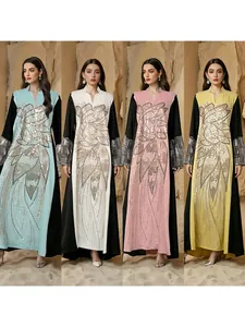 Robe Maxi Patchwork avec Applique en Perles Ethnique Élégante Manches Longues Pull Musulman Abaya Kaftan pour Femme Robe de Soirée
