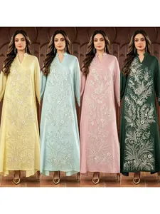 Robe Maxi pour Femmes Élégante Style Ethnique Brodée Perles Paillettes Abaya Fluide Manches Longues Floral Caftan Banquet