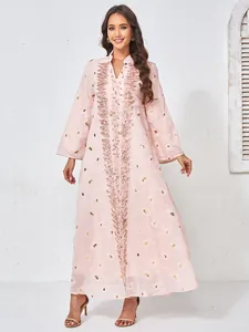Abito Maxi Kaftan da Donna Ricamato in Mesh con Perline Manica Lunga Floreale Paillettes Scollo a V Ampio Bohemienne per Vacanza Festa