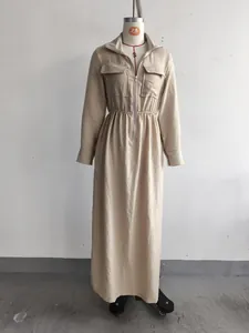 Beige maxi-jurk in Franse stijl met ritssluiting, reverskraag en elastische tailleband