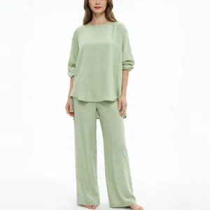 Set Top And Bottom Donna Casual in Poliestere a Girocollo Testurizzato Maglia a Maniche Lunghe e Pantaloni a Gamba Larga